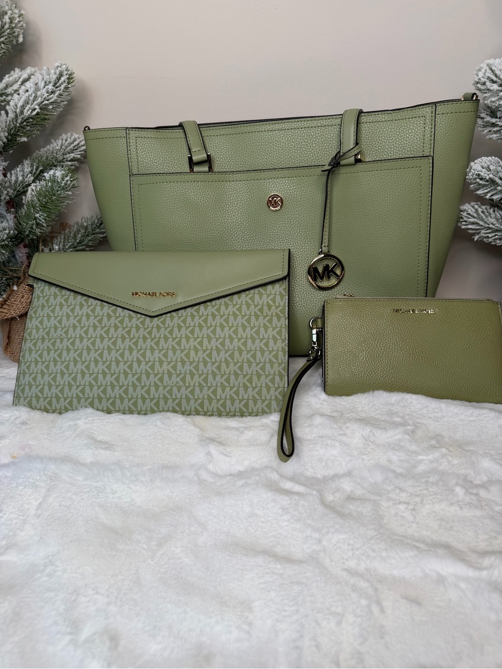Michael Kors Light Olive Green Tote with Matching Clutch & Wristlet